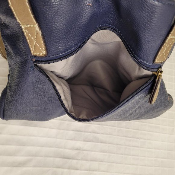 Tan and blue pleather satchel. - Picture 3 of 11